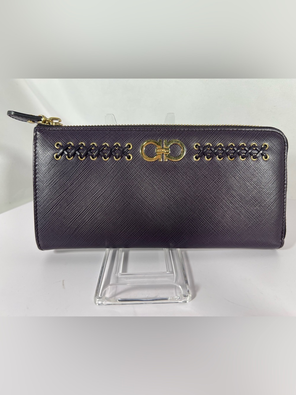 1262: Salvatore Ferragamo Gancini Purple Saffiano Leather Zip Wallet